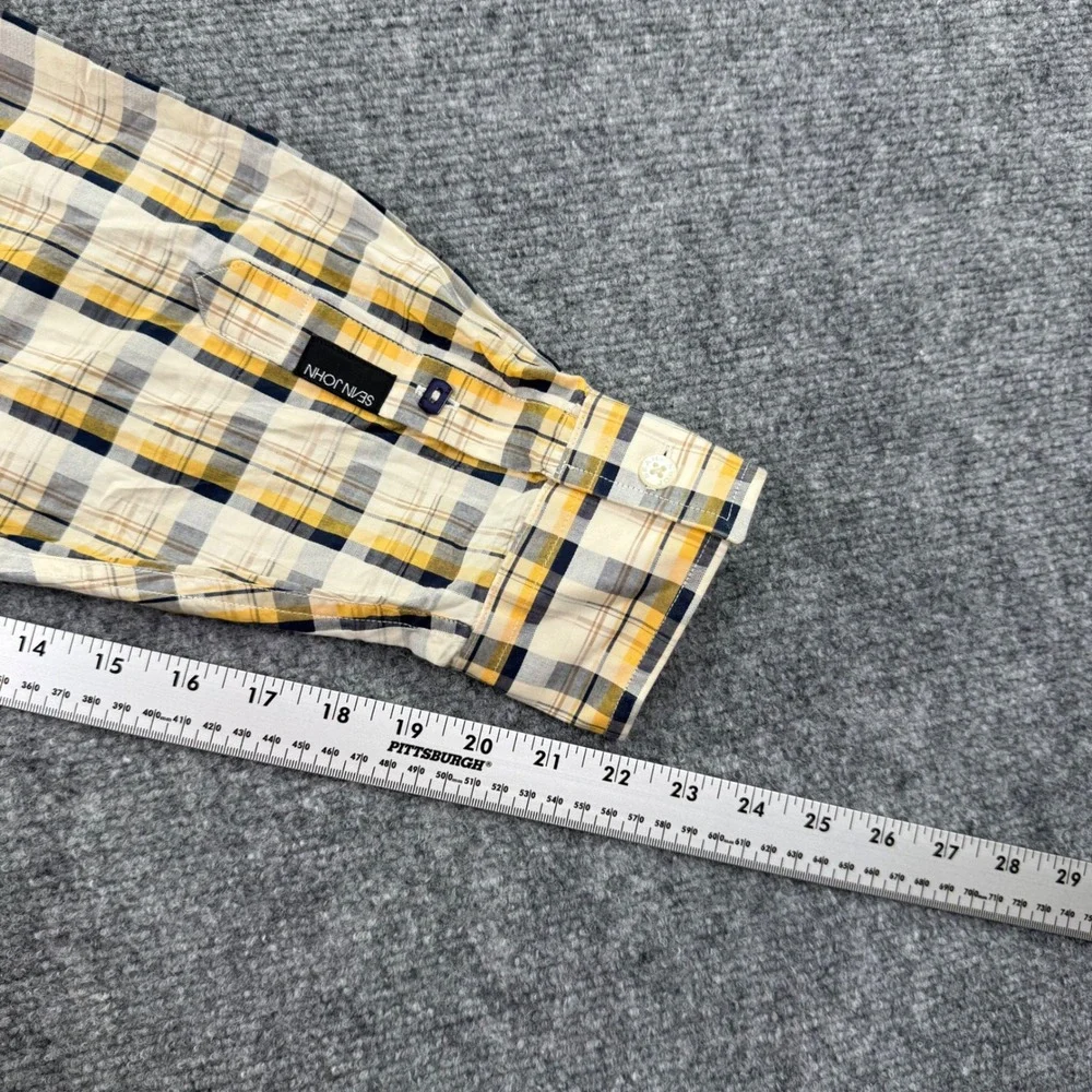 Sean John Button Down Shirt XXL Yellow Plaid Embroidered Logo Mens